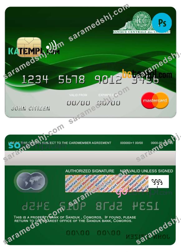 Comoros Sanduk bank mastercard credit card template in PSD format, fully editable